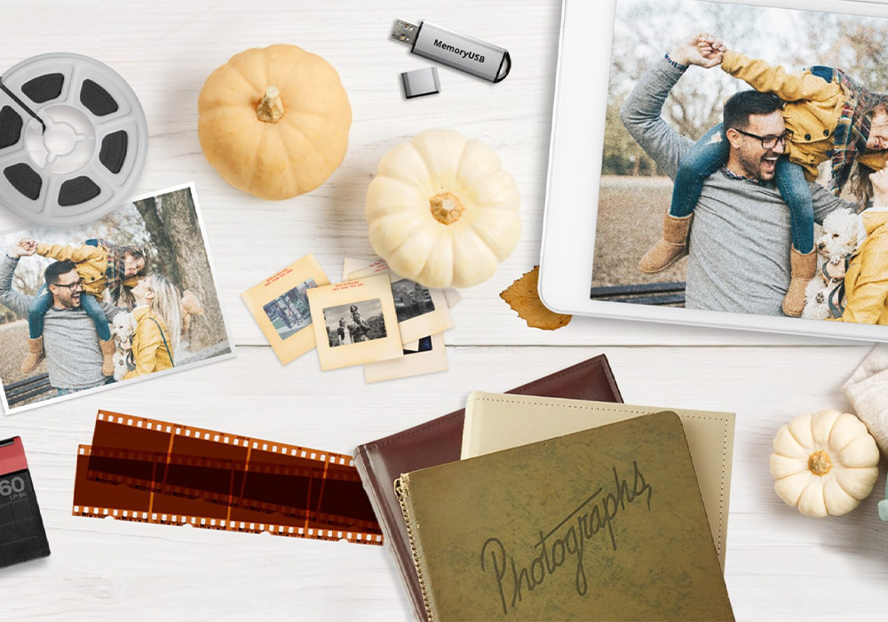 Film and USB in a collage of fall decor