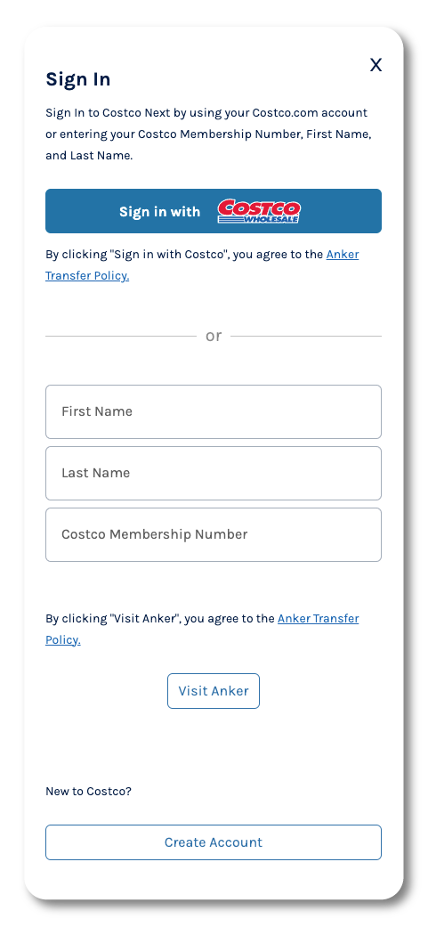 Example screenshot of the Costco Membership Sign in