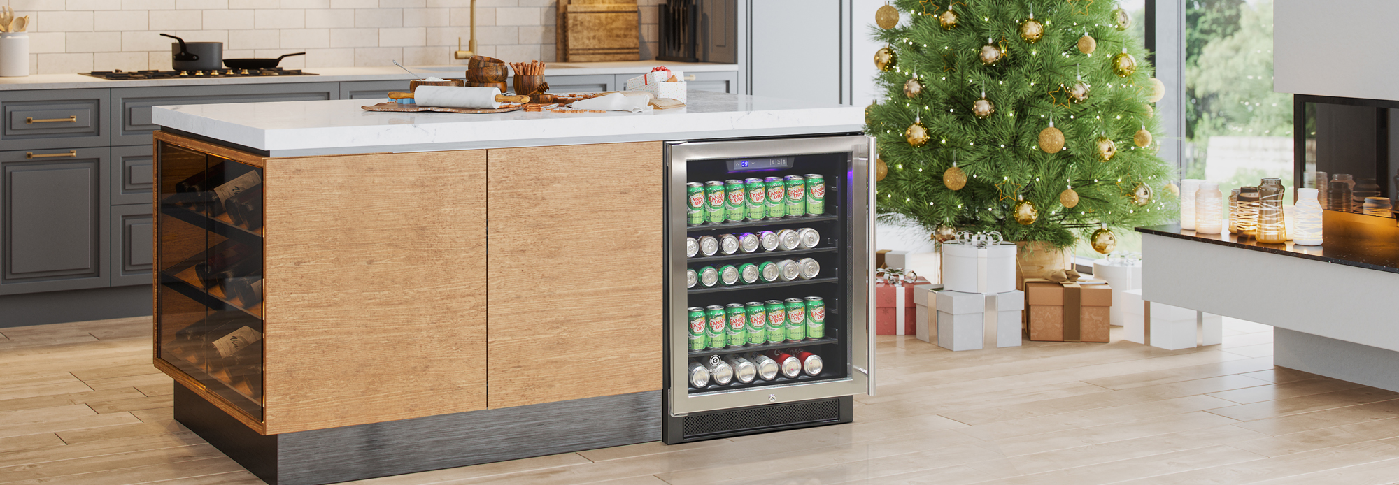 Vinotemp Cooler in a Kitchen with holiday decor